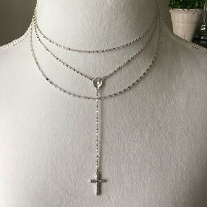 Cross Necklace Delicate 3-Chain Silver-Tone Waterfall Rosary Style Boho Feminine